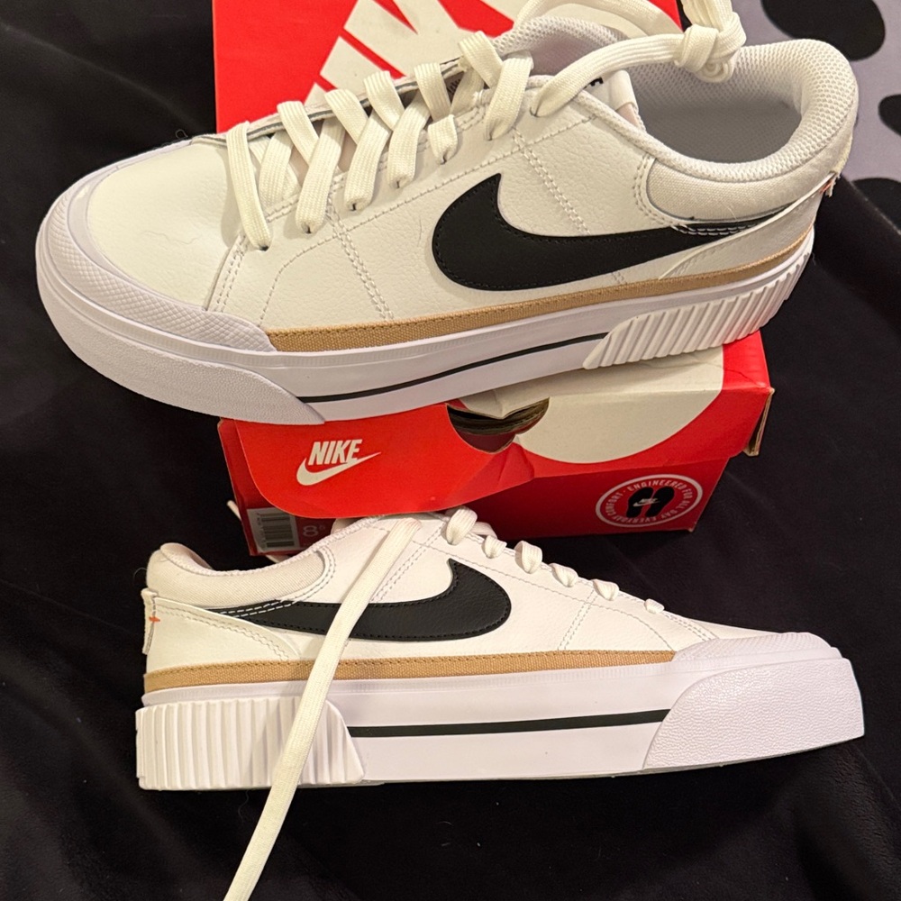 Nike Women's White and Black Sneakers with Tan Detail